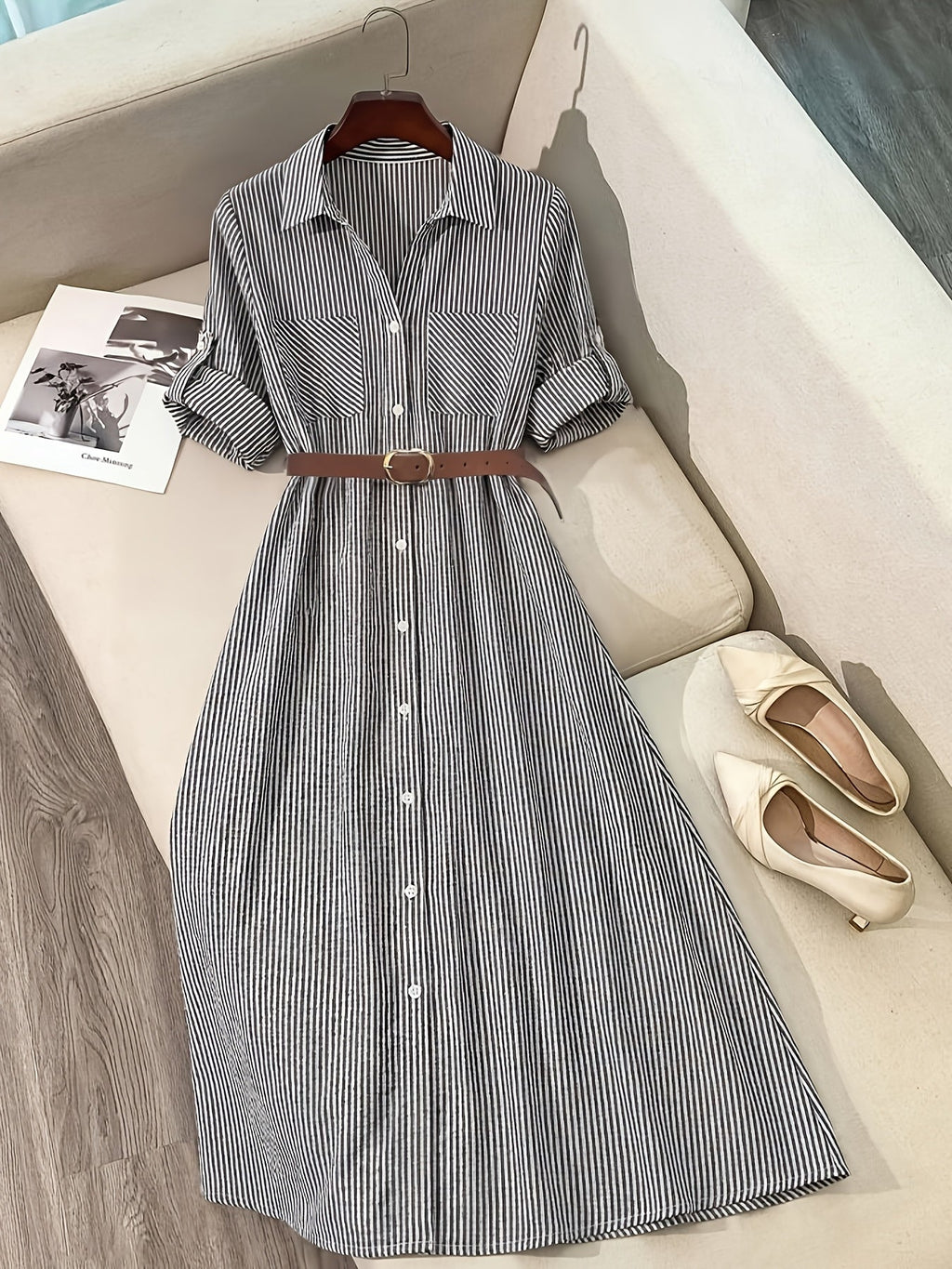 Striped Belted Shirt Dress