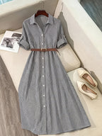 Striped belted shirt dress from 64b136-1e featuring a classic collar, button-down front, and waist belt for a stylish look.