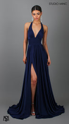 LOVE - Navy Blue Flowy Formal Dress with Plunge Neckline & Leg Split