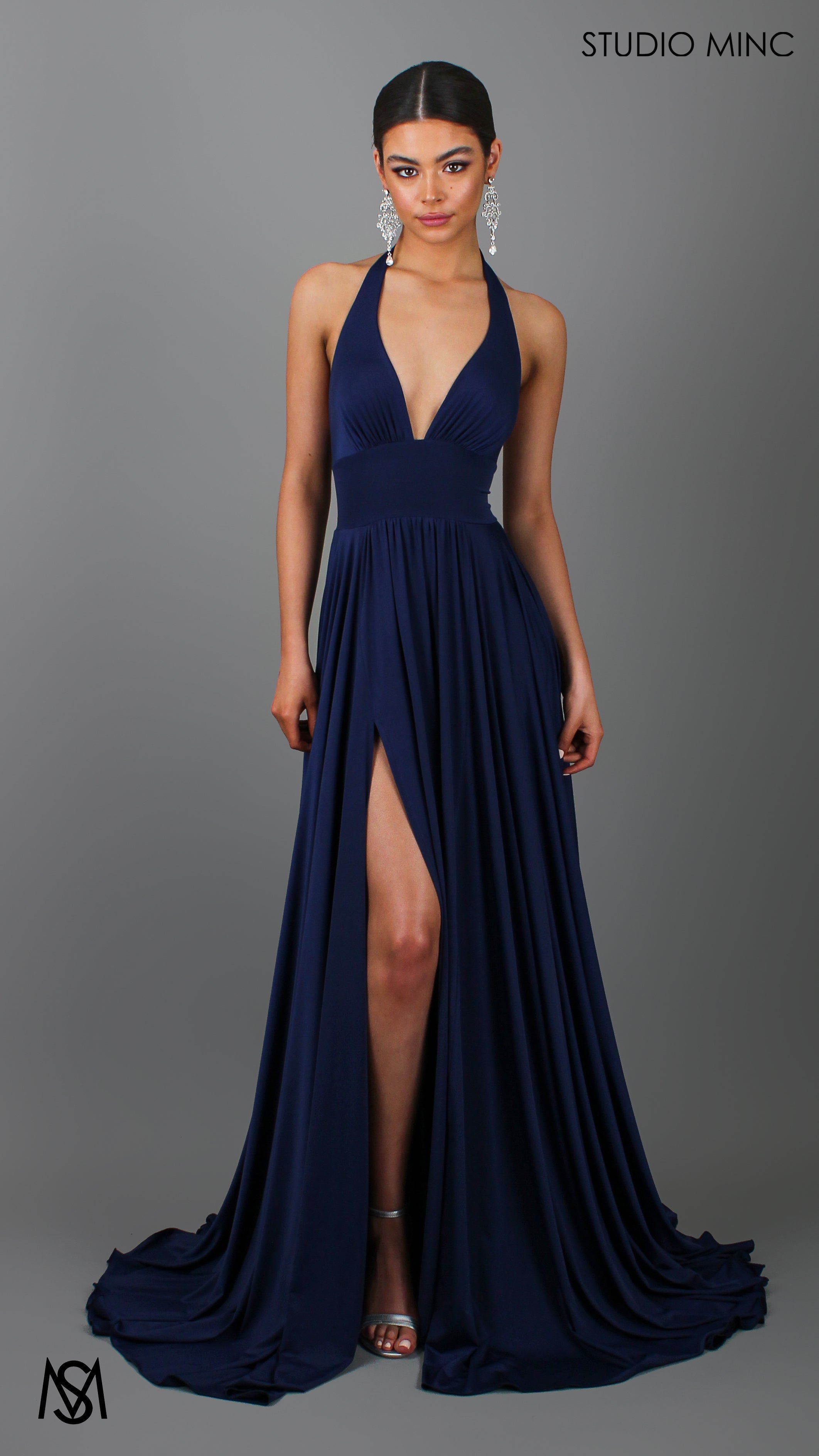 LOVE - Navy Blue Flowy Formal Dress with Plunge Neckline & Leg Split