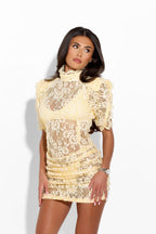 Victoria Lemon Lace Dress, elegant women's dress with intricate lace details and a flattering fit, perfect for special occasions.