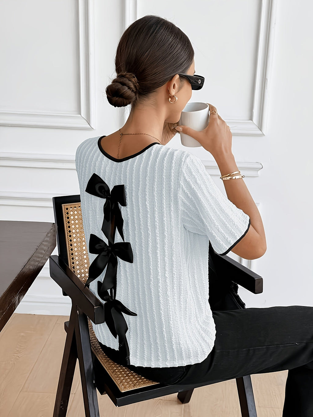 French Style Apricot Bow Back Stripe Crepe Top