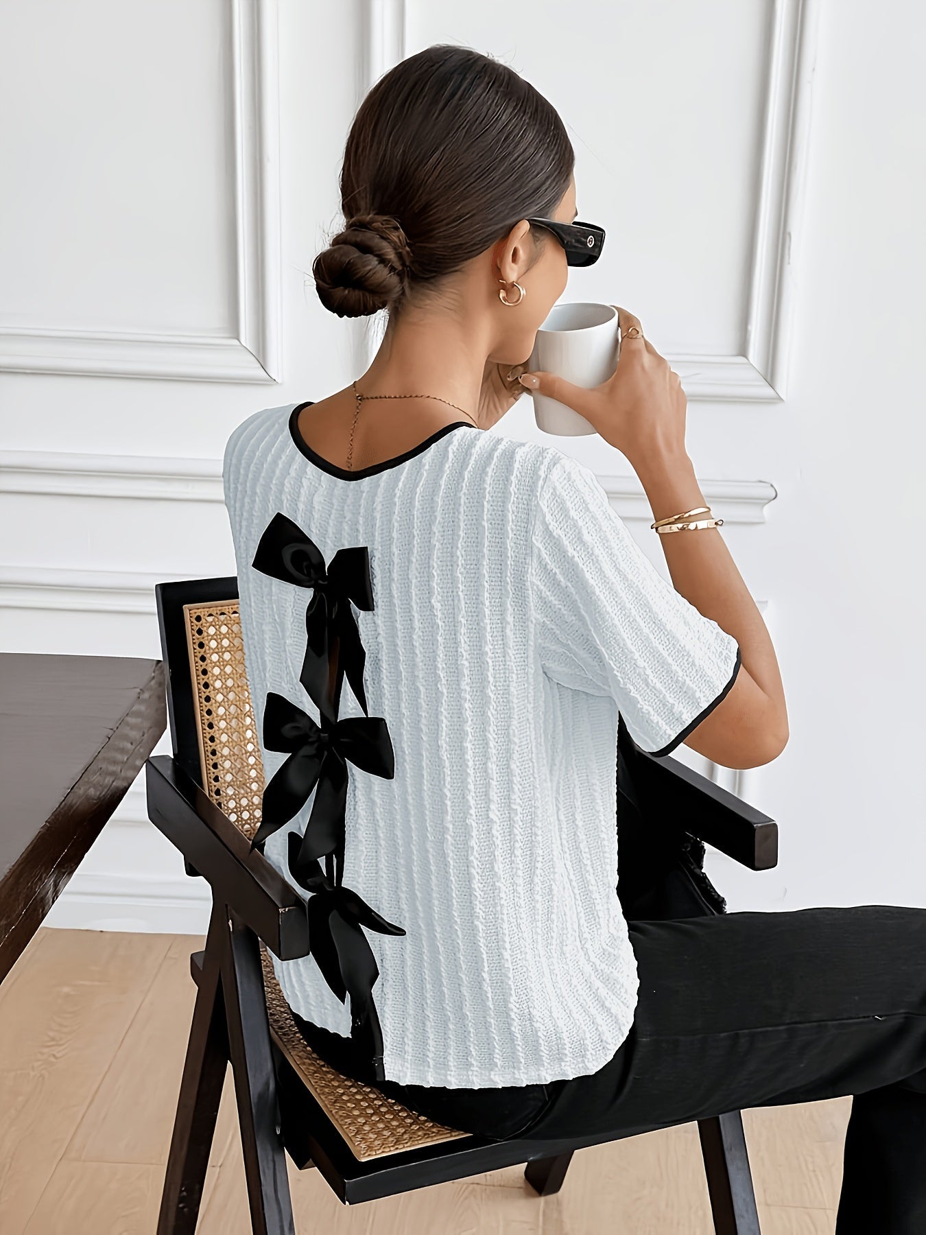 French Style Apricot Bow Back Stripe Crepe Top