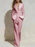Blush | Satin Tie-Waist Blazer Wide-Leg Trouser Set