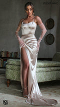 Crave - Champagne Satin Corset Formal Dress with Leg Split