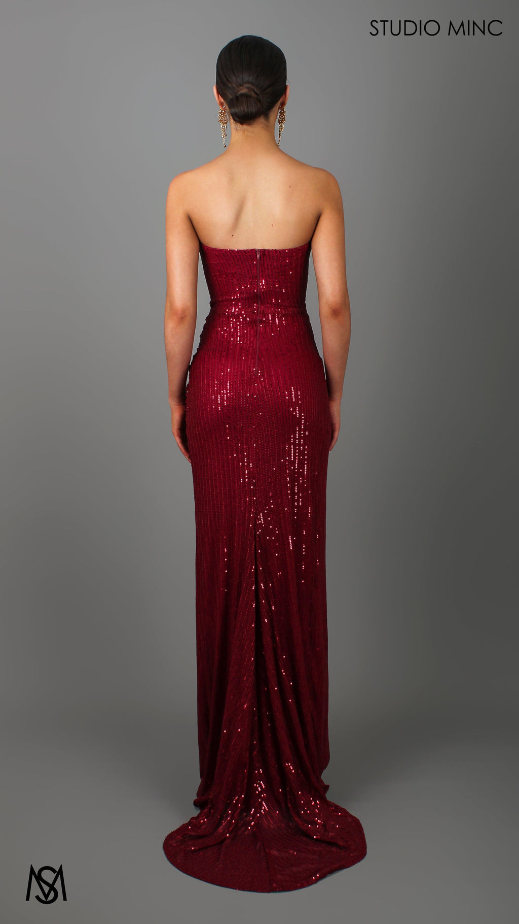 MUSE - Ruby Red Sequin Formal Dress with Strapless Corset & Leg Split