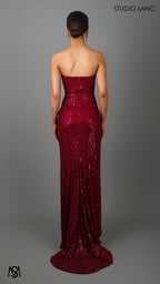 MUSE - Ruby Red Sequin Formal Dress with Strapless Corset & Leg Split