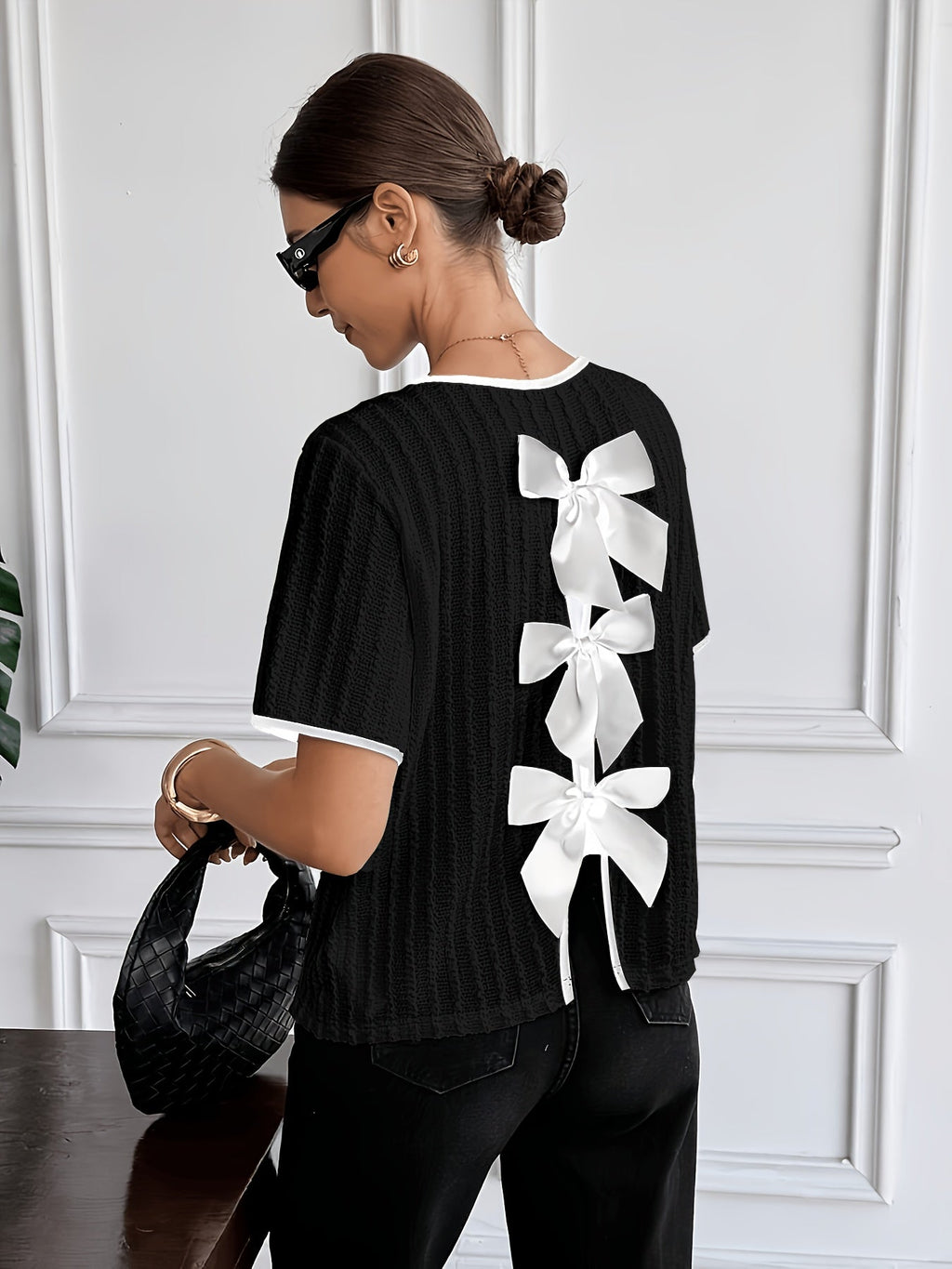 French Style Apricot Bow Back Stripe Crepe Top