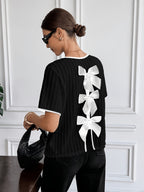 French style apricot bow back stripe crepe top, women's fashion top with bow detail and striped pattern by 64b136-1e.