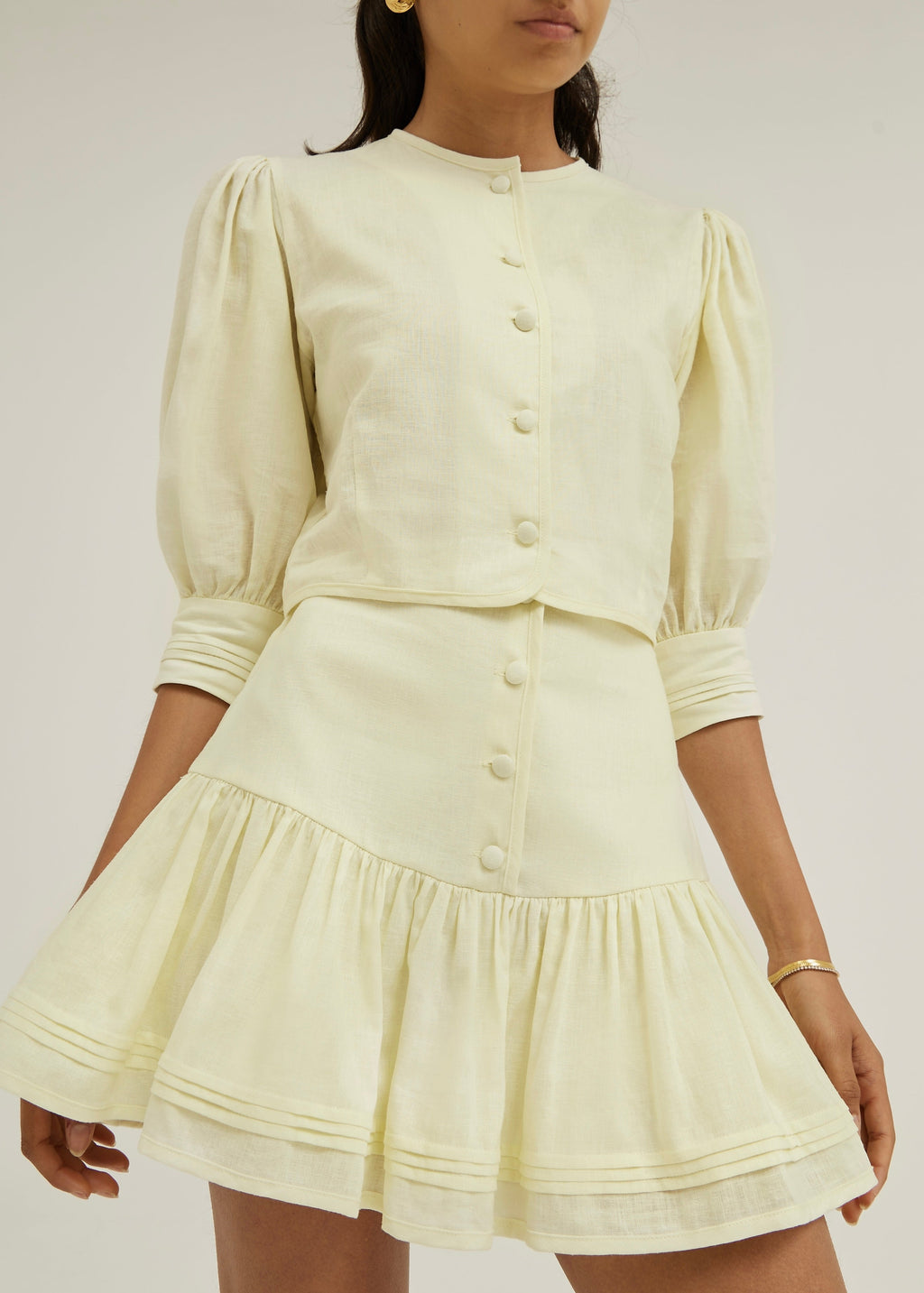 Laney Tiered Linen Frill Set | Pastel Lemon