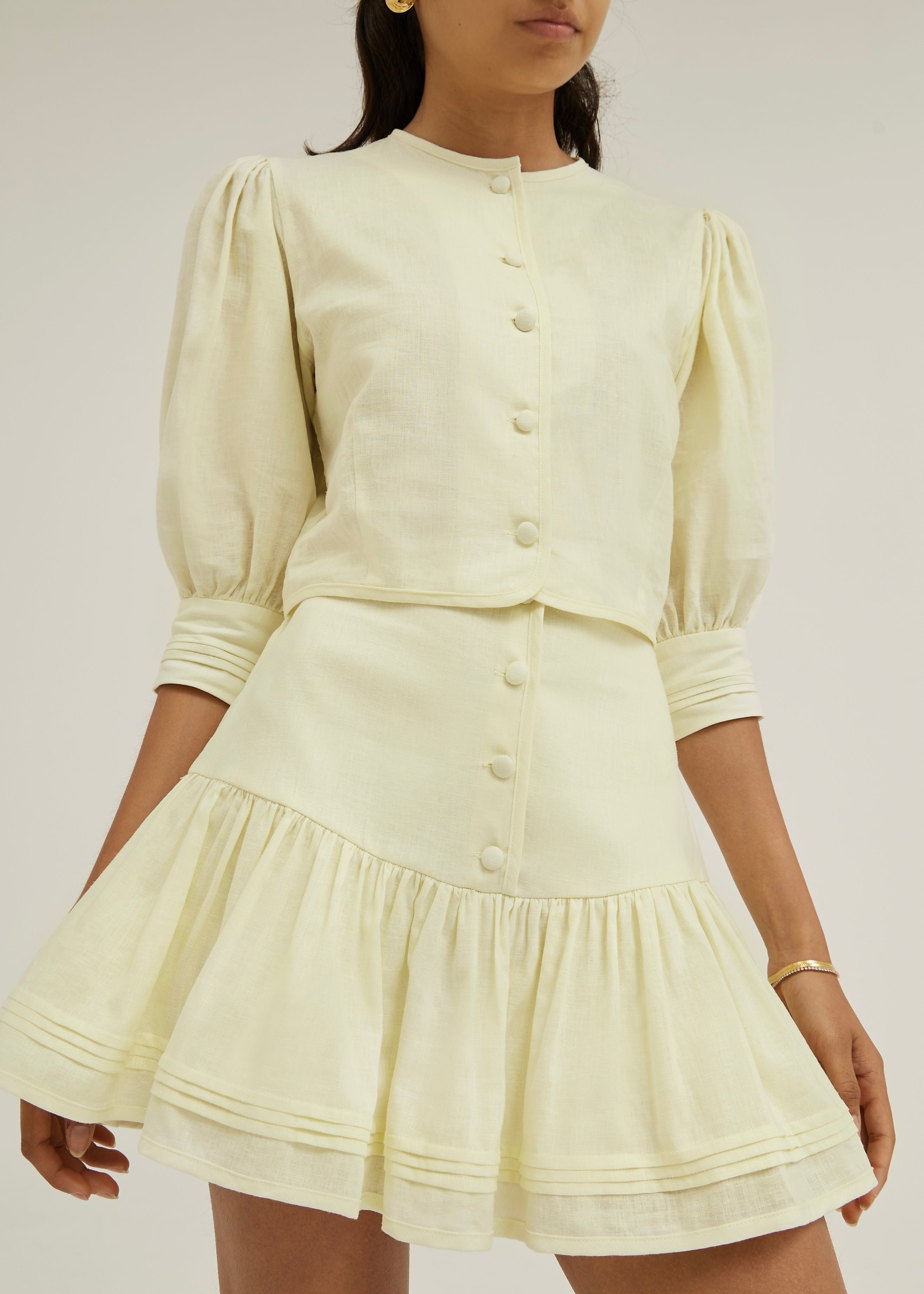 Laney Tiered Linen Frill Set | Pastel Lemon