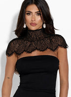 Black Kensington lace dress with long sleeves and intricate lace detailing, stylish and elegant for formal occasions.