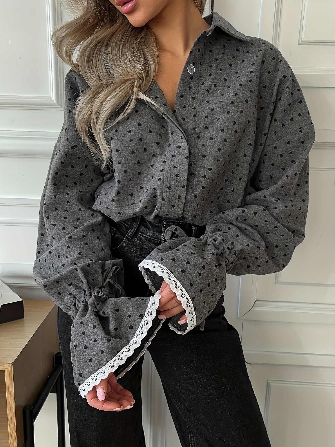 Elegant Heart Print Ruffled Sleeve Autumn Blouse