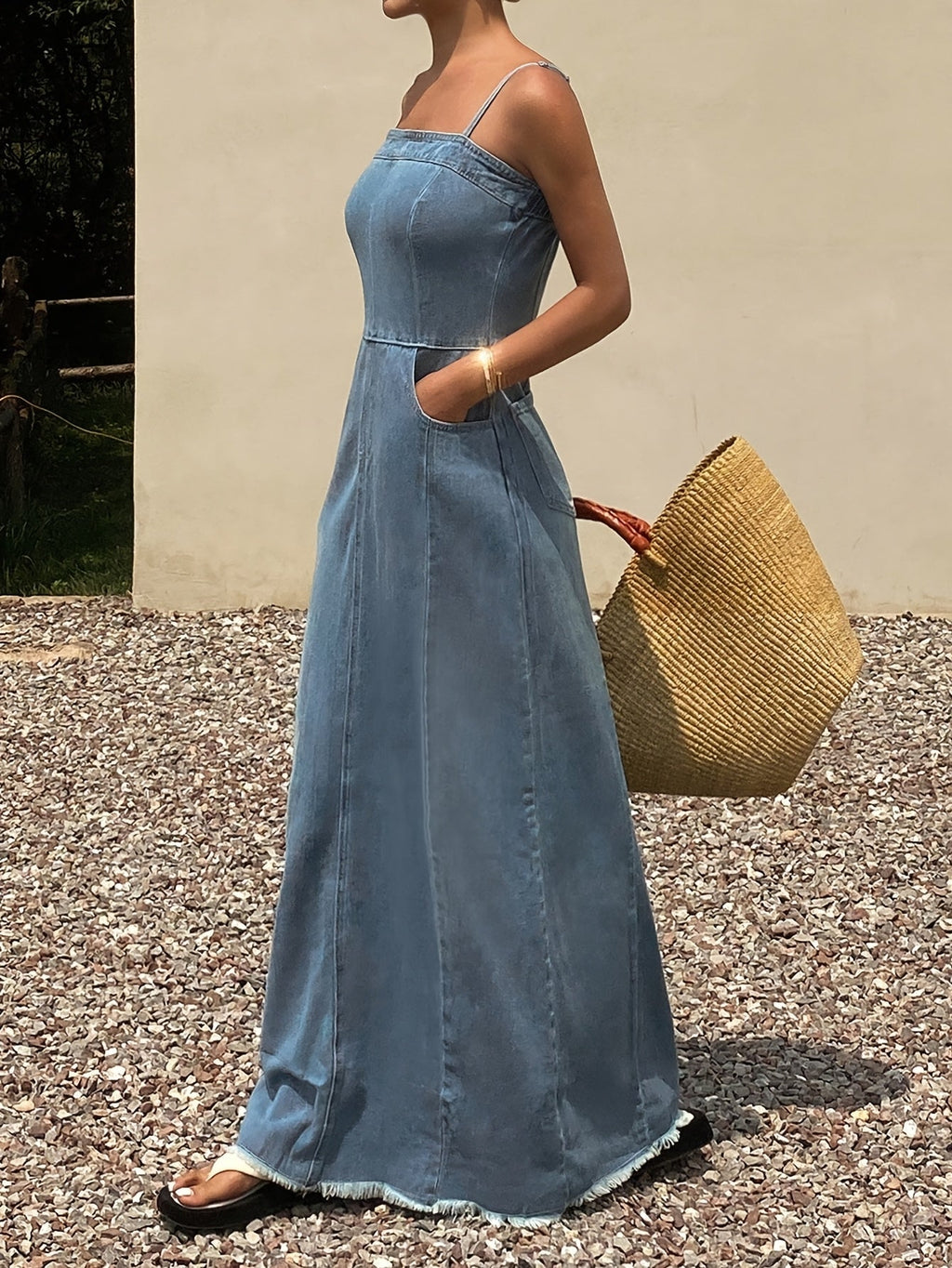 Distressed Denim Cami Maxi Dress