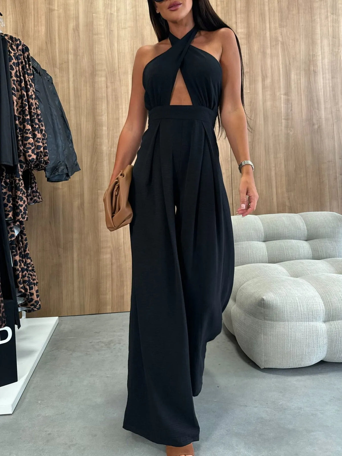Wide Leg Cutout Halter Neck Jumpsuit