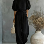 Bohemian puff sleeve jumpsuit by 64b136-1e featuring a relaxed fit, floral print, and stylish puffed sleeves for a trendy look.