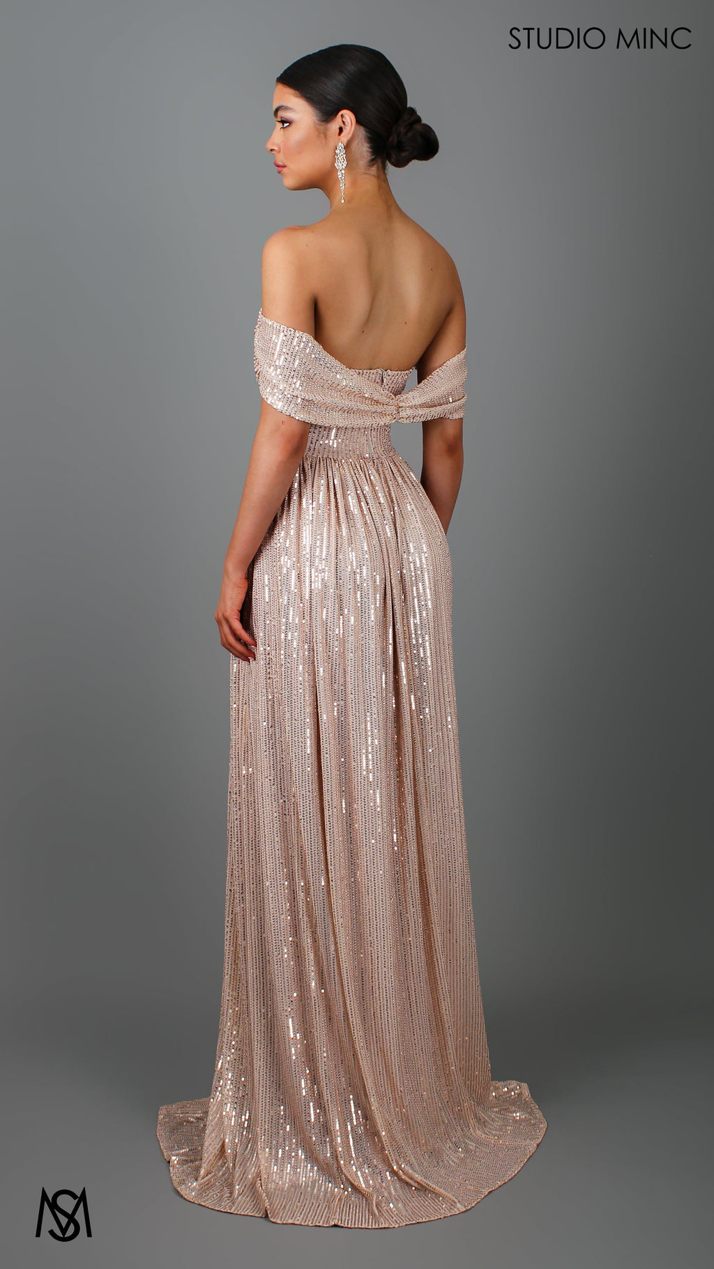 CRUSH - Champagne Gold Sequin Formal Dress with Corset & Arm Drapes