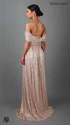 CRUSH - Champagne Gold Sequin Formal Dress with Corset & Arm Drapes