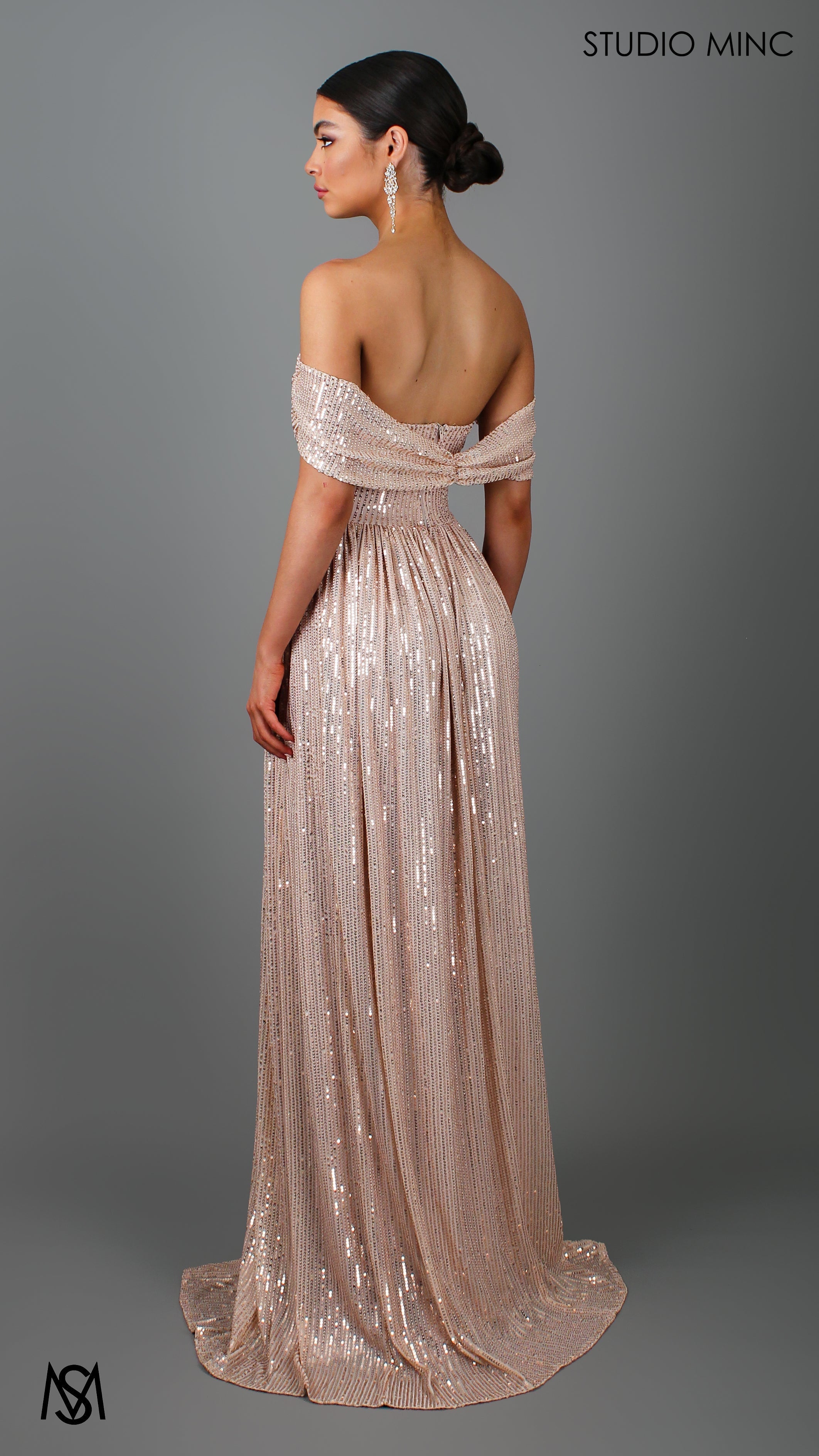 CRUSH - Champagne Gold Sequin Formal Dress with Corset & Arm Drapes