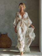 Women's Ivory And Taupe Chiffon Fabric Dolman Sleeve Maxi Dress With Twist Front & Palm Leaf Print MDZ0332B6T