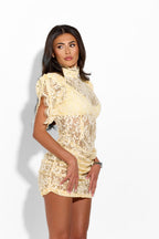 Victoria Lemon Lace Dress, elegant women's dress with intricate lace details, in a vibrant lemon color, styled for summer wear.