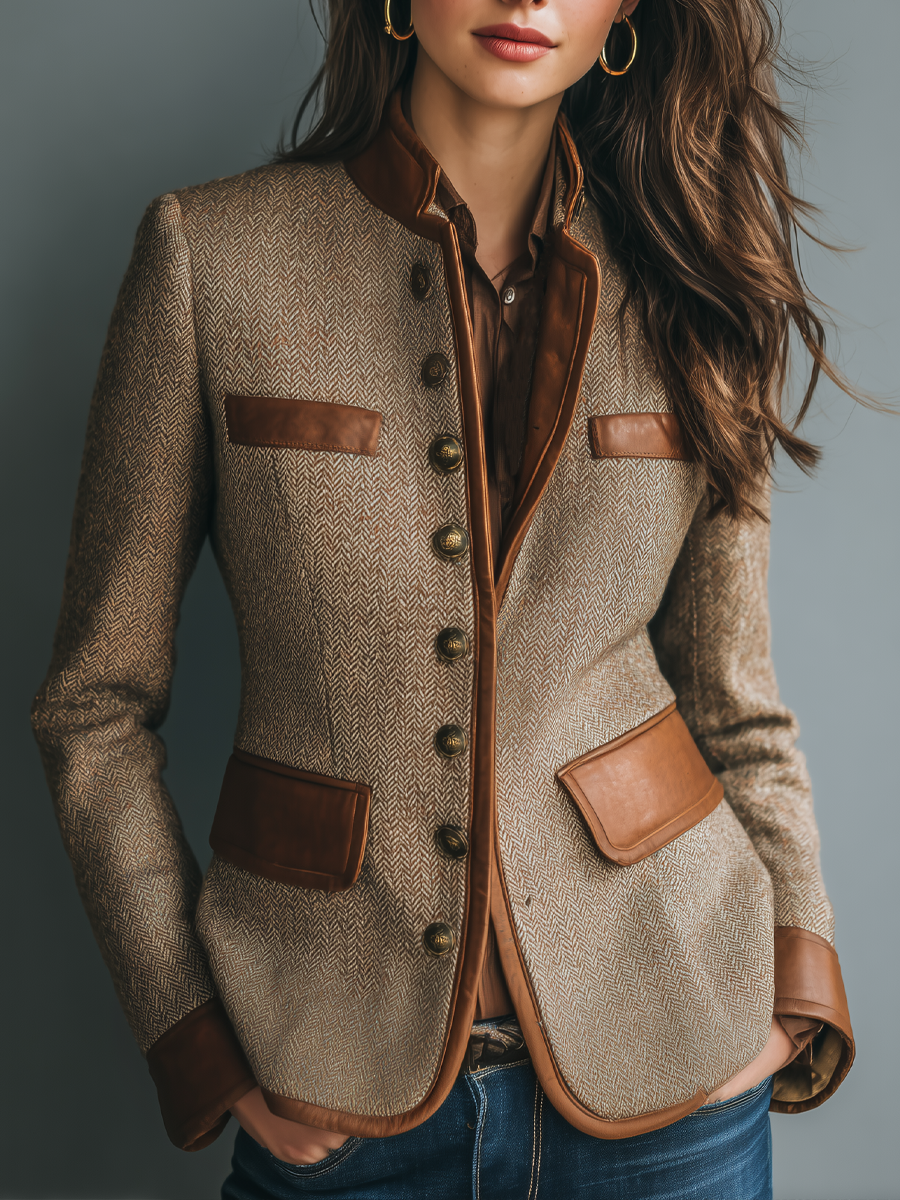 Vintage Leather Trim Pocket Tweed Jacket