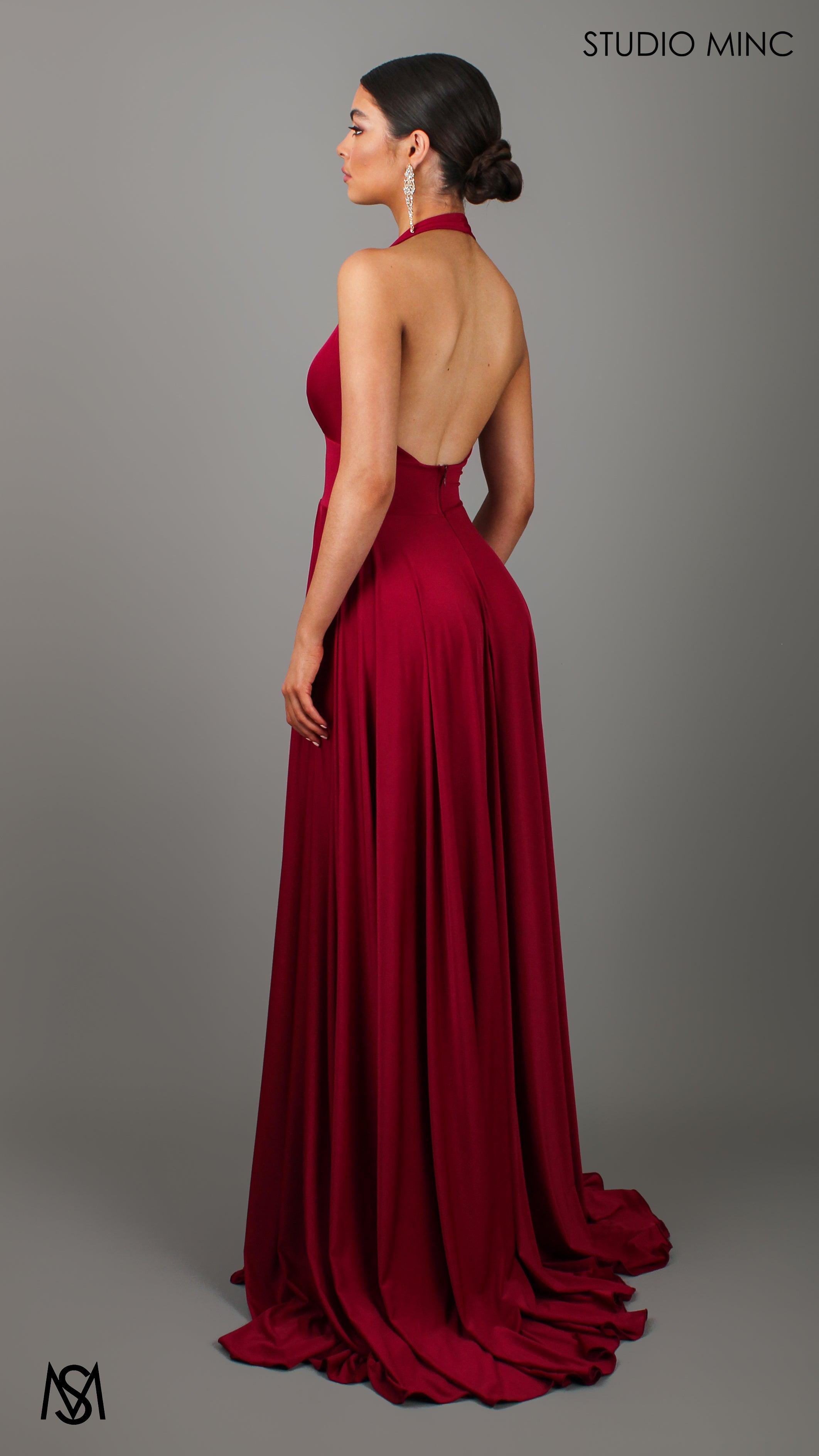 LOVE - Ruby Red Flowy Formal Dress with Plunge Neckline & Leg Split
