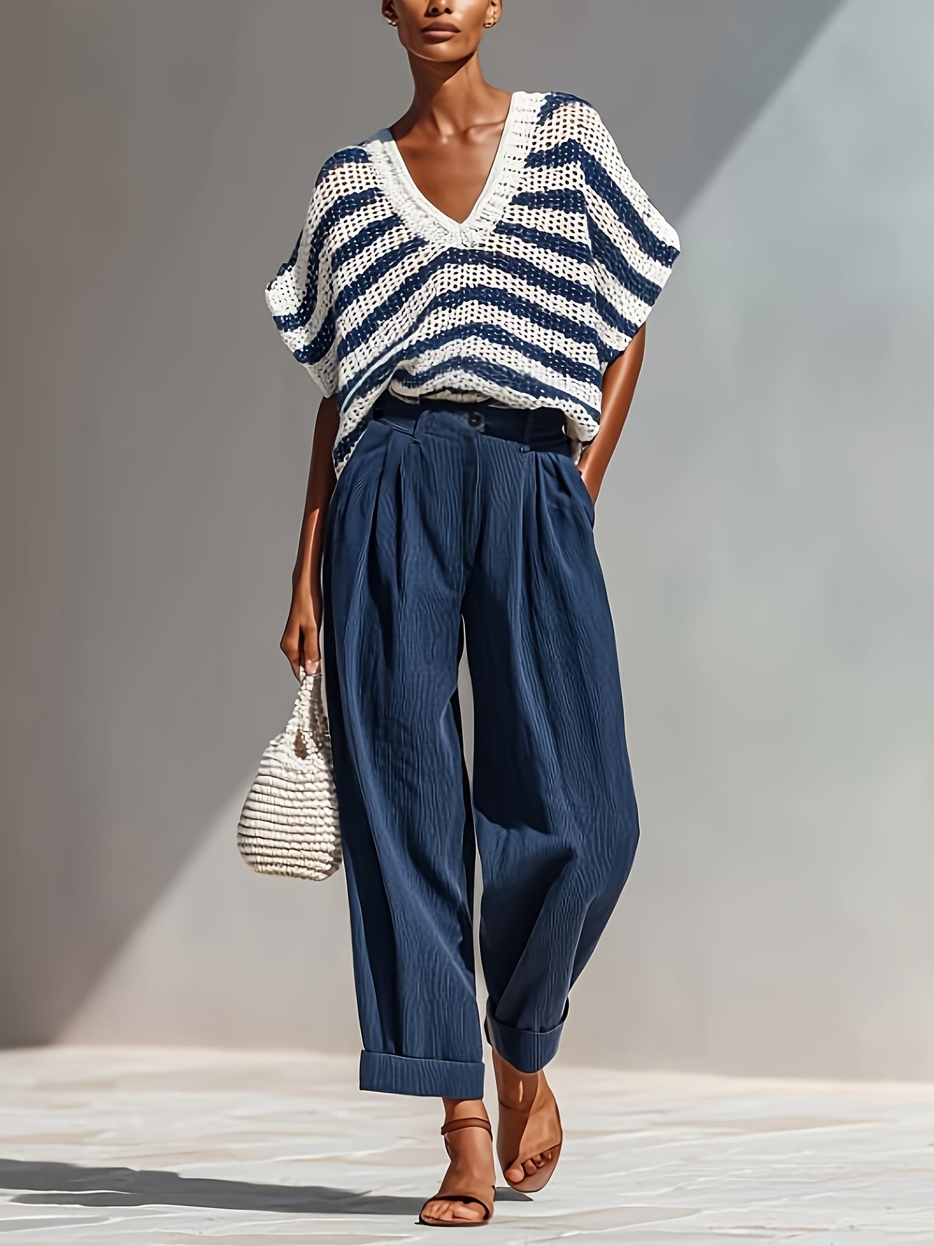 Chic Blue Stripe Mesh VNeck Summer CoverUp Blouse
