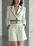 Colette | Black Piping Cropped Blazer Shorts Suit Set