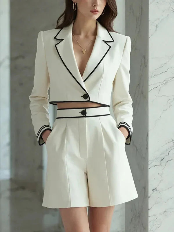 Colette | Black Piping Cropped Blazer Shorts Suit Set