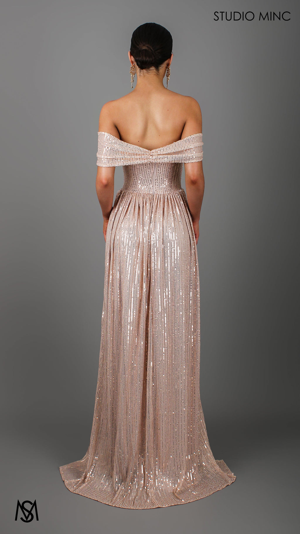 CRUSH - Champagne Gold Sequin Formal Dress with Corset & Arm Drapes