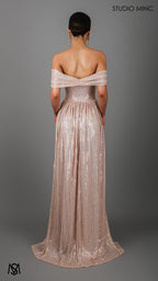CRUSH - Champagne Gold Sequin Formal Dress with Corset & Arm Drapes