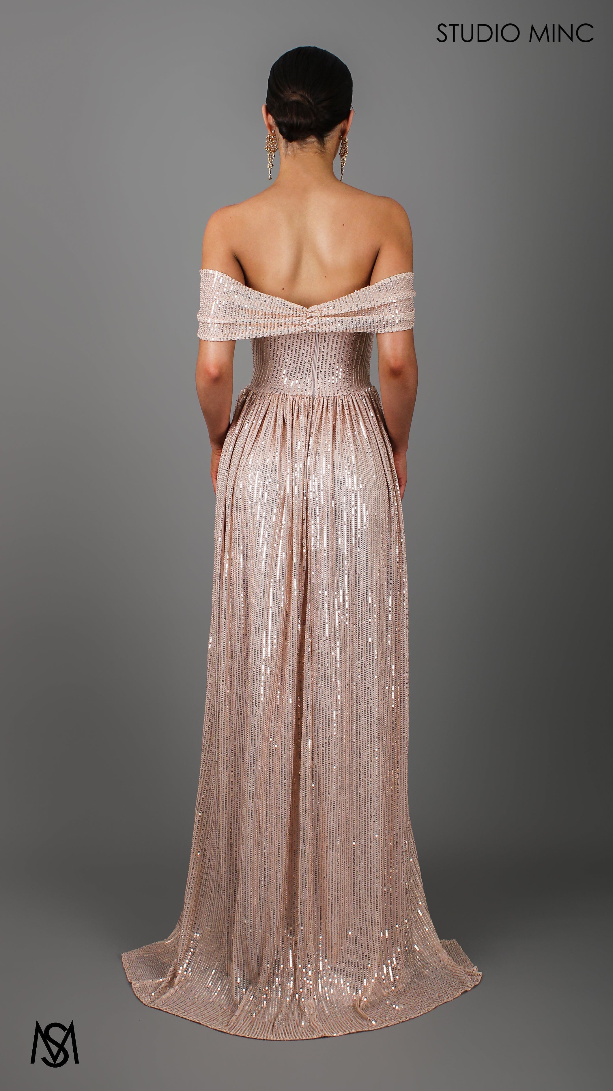 CRUSH - Champagne Gold Sequin Formal Dress with Corset & Arm Drapes