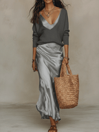 Marguerite | Knit Top Satin Midi Skirt Set