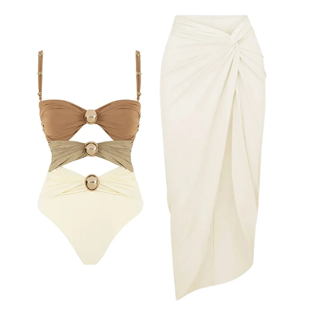 One Piece Swimsuit and Sarong Bikini Set
