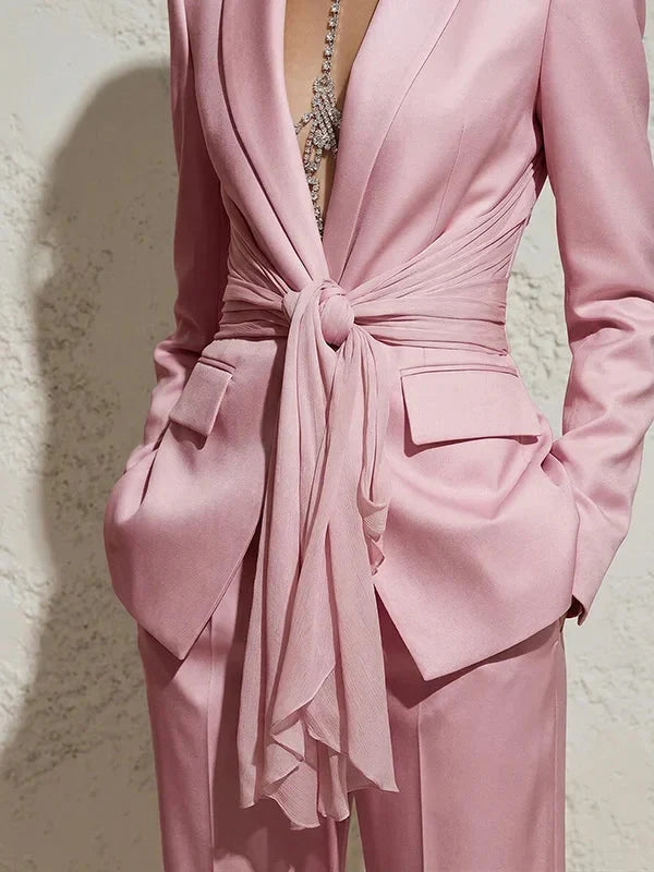 Blush | Satin Tie-Waist Blazer Wide-Leg Trouser Set