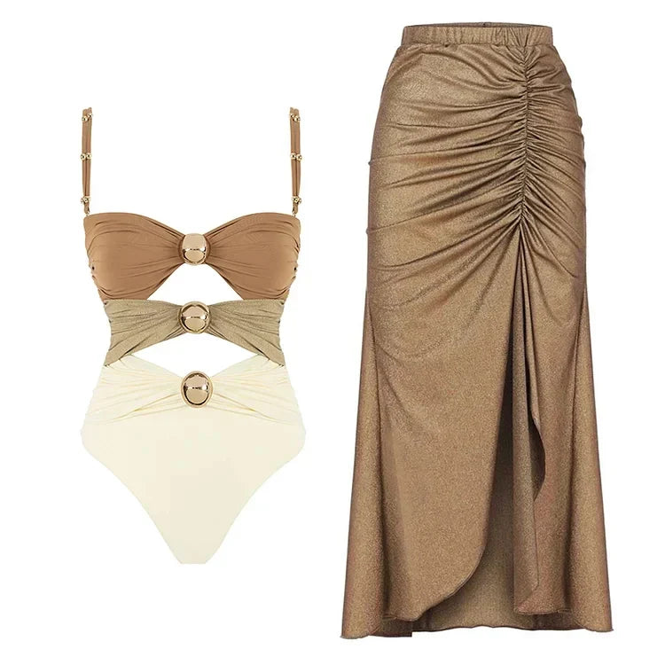 One Piece Swimsuit and Sarong Bikini Set