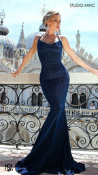 AURA - Navy Blue Shimmer Figure Flattering Formal Dress with Cowl Neckline