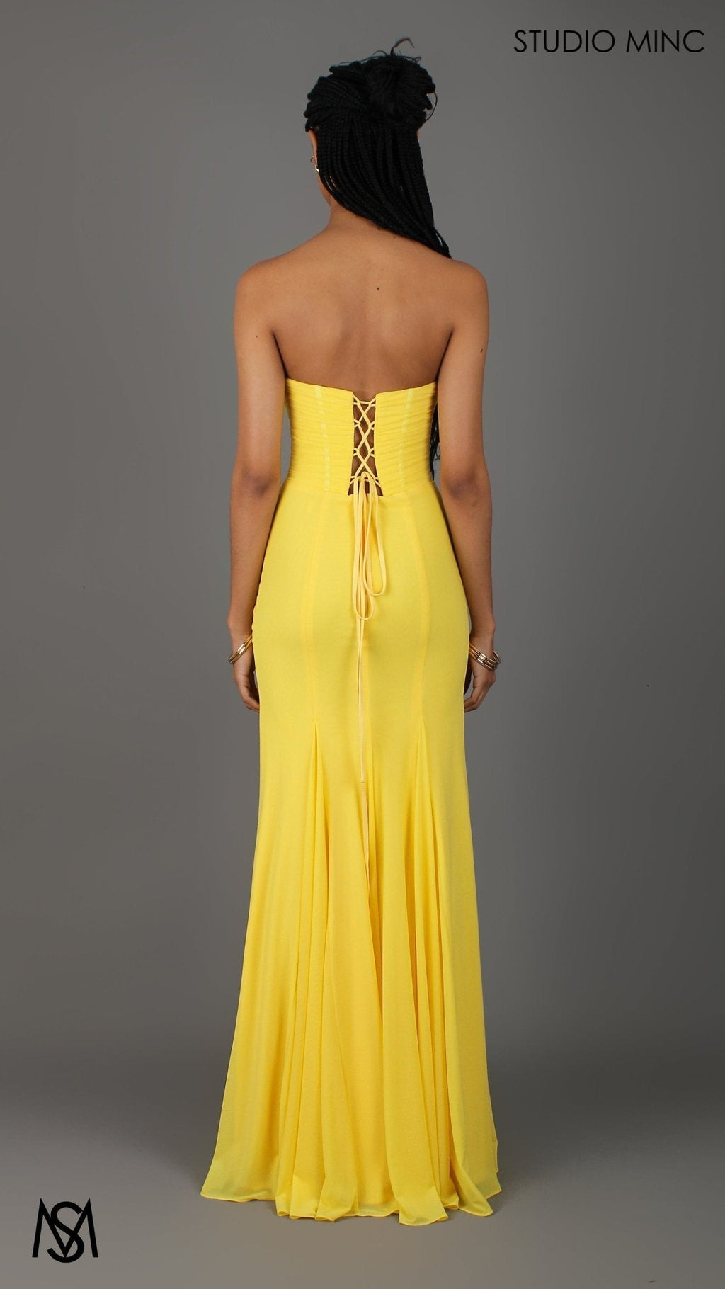 Amalfi - Yellow Formal Dress, Strapless Corset Boning Fitted mermaid, Gathered net