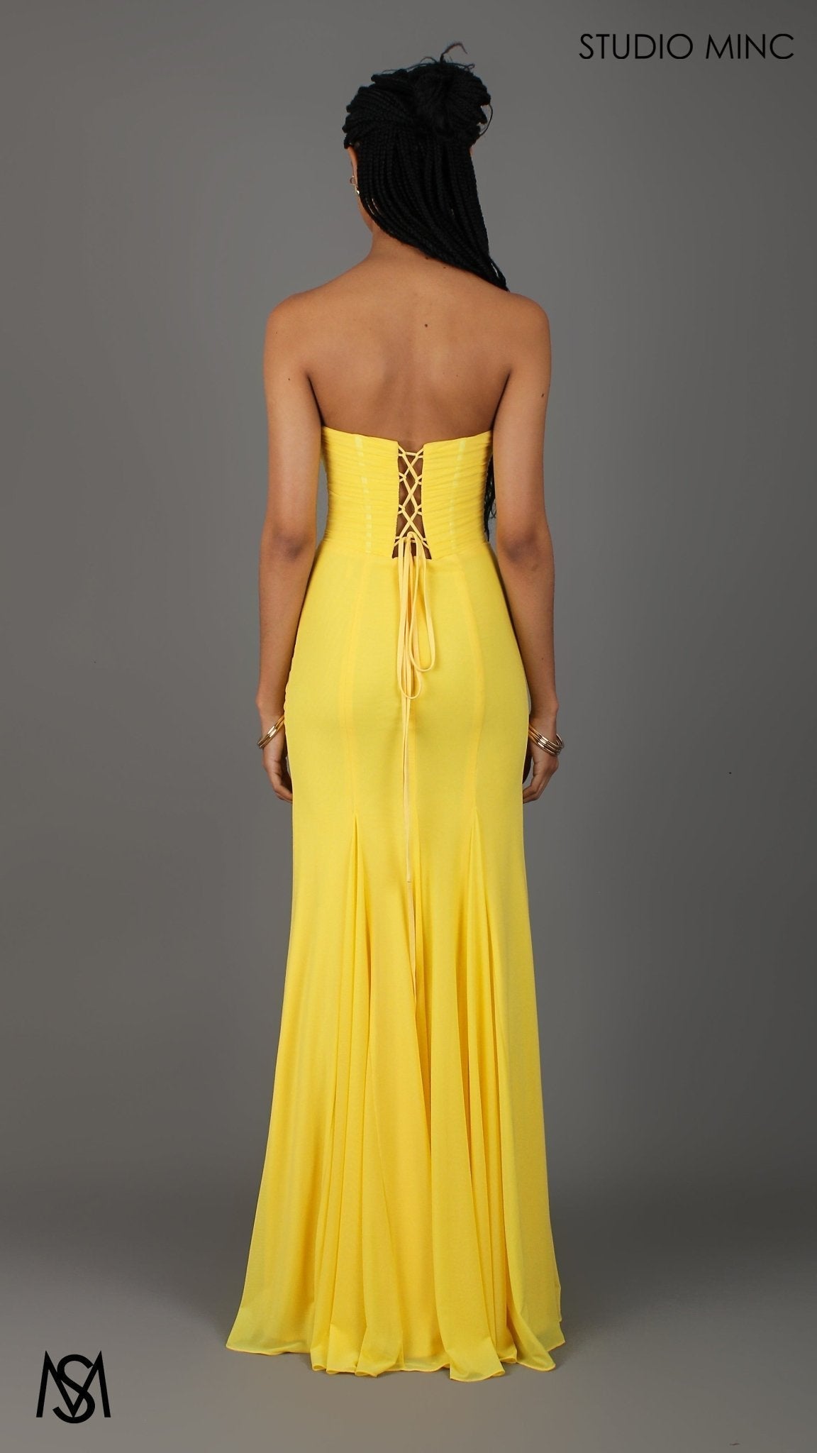Amalfi - Yellow Formal Dress, Strapless Corset Boning Fitted mermaid, Gathered net