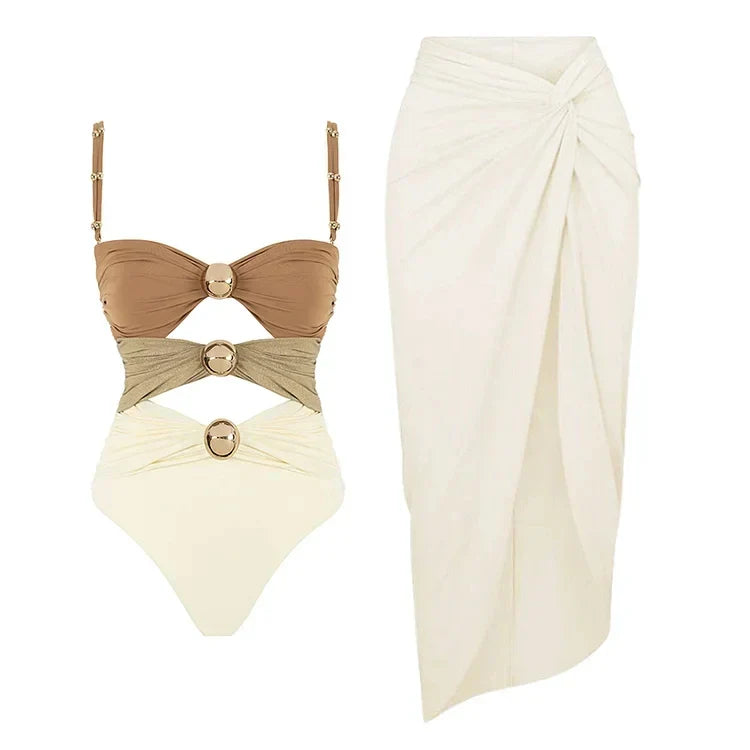 One Piece Swimsuit and Sarong Bikini Set