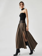 Pleated Split Maxi Skirt Without Belt