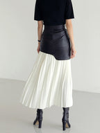 Asymmetric Patchwork Faux Leather Chiffon Pleated Maxi Skirt
