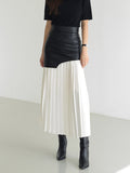 Asymmetric Patchwork Faux Leather Chiffon Pleated Maxi Skirt