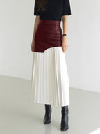 Asymmetric Patchwork Faux Leather Chiffon Pleated Maxi Skirt