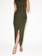 Split-front Solid Midi Skirt