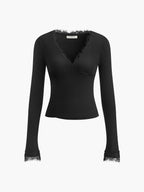 V-Neck Lace Trim Skinny T-Shirt
