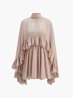 "LISA" Semi-Sheer Chiffon Ruffle Dress With Outer Cape