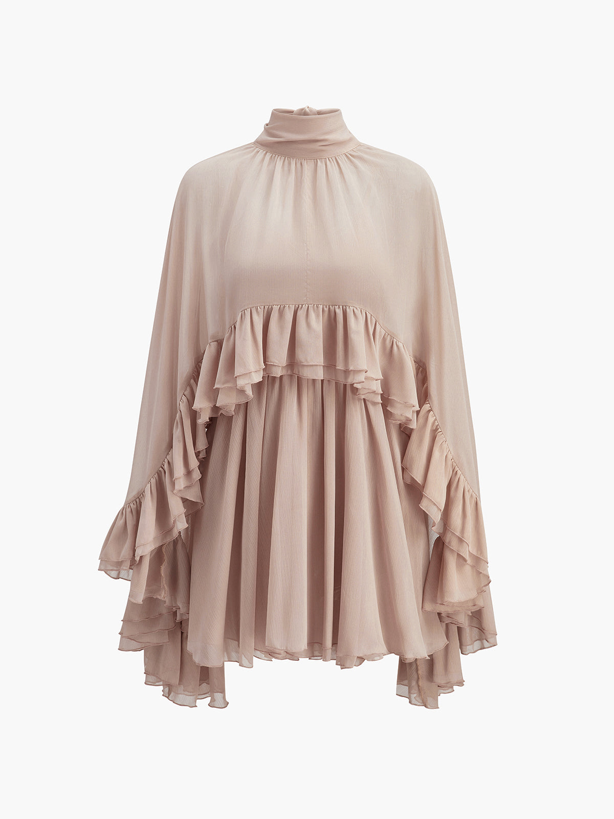 "LISA" Semi-Sheer Chiffon Ruffle Dress With Outer Cape