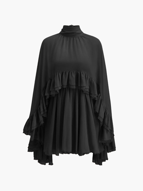 "LISA" Semi-Sheer Chiffon Ruffle Dress With Outer Cape